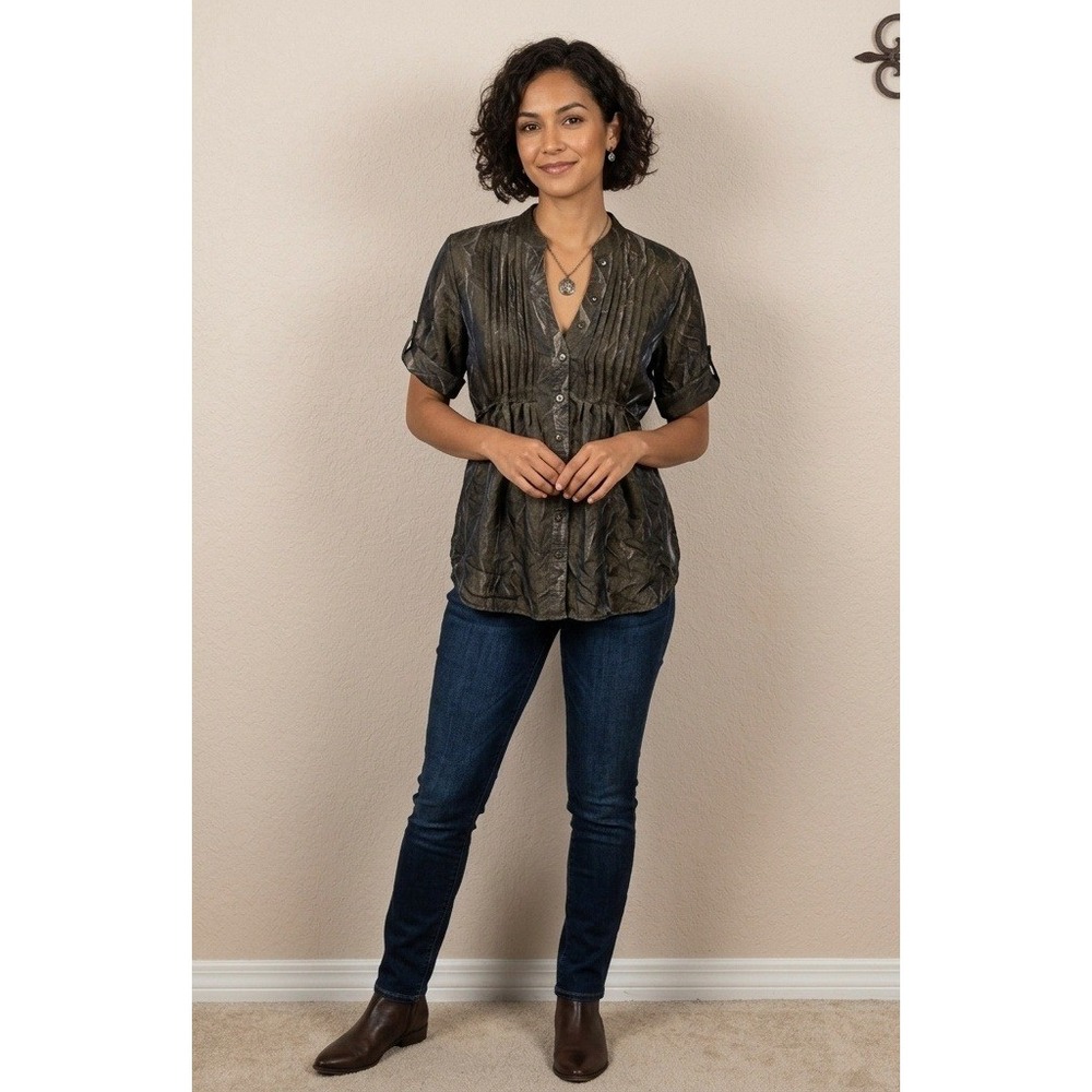 Daytrip Button Up Tunic Women Bronze Charcoal Crinkle Pintuck Empire Waist M